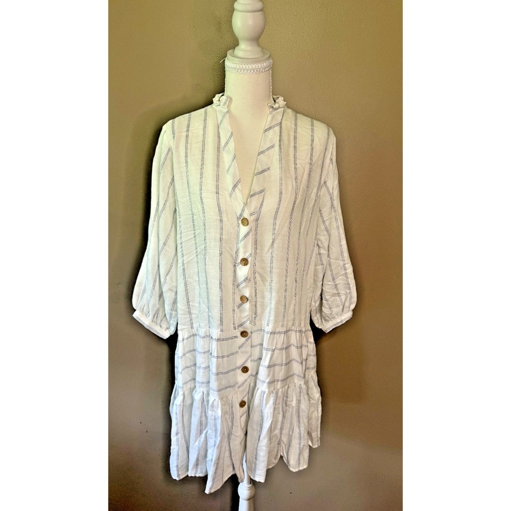 Zara White Blue Pinstripe Long Sleeve Babydoll Dress V-Neck Mini Size S